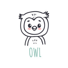 funny owl in cartoon style. Forest animal. Doodle illustration  owlet head for cards, magazins, banners. Vector