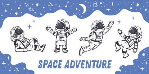 set of cartoon astronauts isolated on white background. Doodle style, elements for book, magazines. Coloring page. Vector illustration
