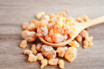 Frankincense or olibanum aromatic resin used in incense and perfumes.