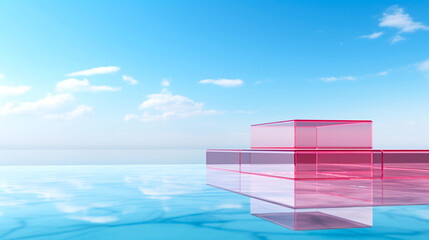 Glass Product Podium with Crystal Clear Blue Water Sky. Perfect for Modern and Transparent Items.