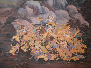 Ancient thai painting Ramayana story, Traditional Thai art of painting on Ancient wall of Thai temple, Public property in Temple of the Emerald Buddha, Bangkok,Thailand © Watthana Tirahimonch