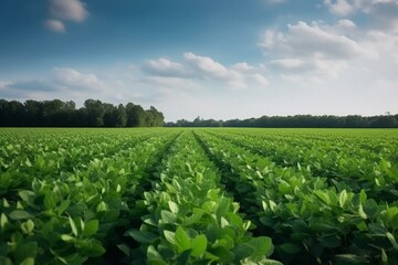 Fototapeta na wymiar Lush soybean farm with ripening green fields. Generative AI