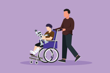 Character flat drawing of rehabilitation center for children. Father takes care of boy. Happy daddy helps children with disabilities in wheelchair holding robot toy. Cartoon design vector illustration