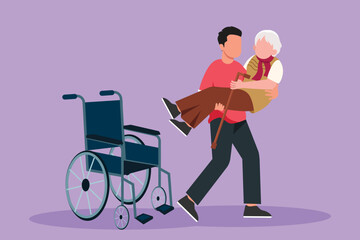 Graphic flat design drawing loving son took his old disabled beautiful mother from wheelchair carrying her in his arms. Happy senior lady in hugs of her strong child. Cartoon style vector illustration