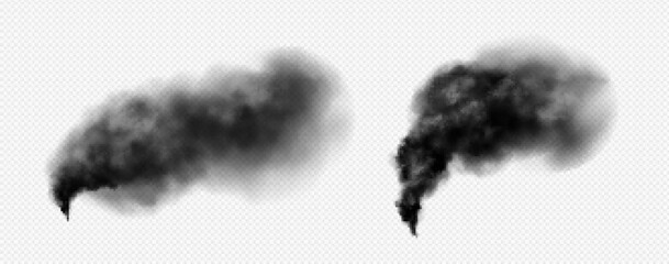 Realistic set of black smoke isolated on transparent background. Vector illustration of dark clouds of smog rising in air from chimney, wildfire, after explosion and fire, co2 emission, design element