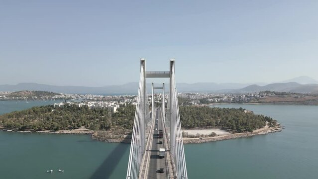 Cinematic Aerial Passing through Cable-stayed bridge in Chalkis, Chalkida, Evia, Euboea, Greece from drone
