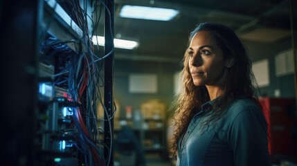 Portrait of a woman at a bustling electrical services company fearlessly troubleshooting intricate wiring systems