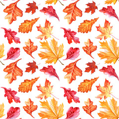 Seamless pattern of bright watercolour autumn leaves