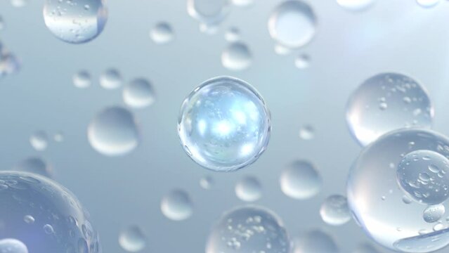 3D animation of multiple atoms floating in water. Particles inside a liquid bubble, cosmetic essence, and a liquid bubble on a background of water.