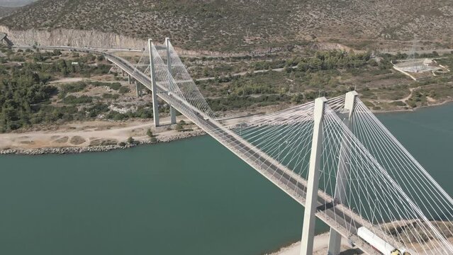 Cinematic Aerial Cable-stayed bridge in Chalkis, Chalkida, Evia, Euboea, Greece from drone