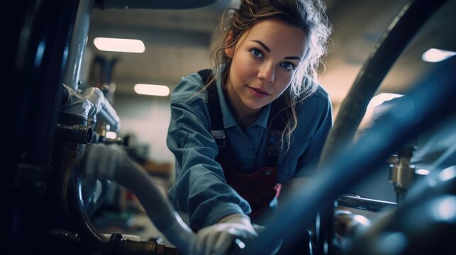 Portrait of a woman at a busy plumbing company fearlessly tackling plumbing challenges