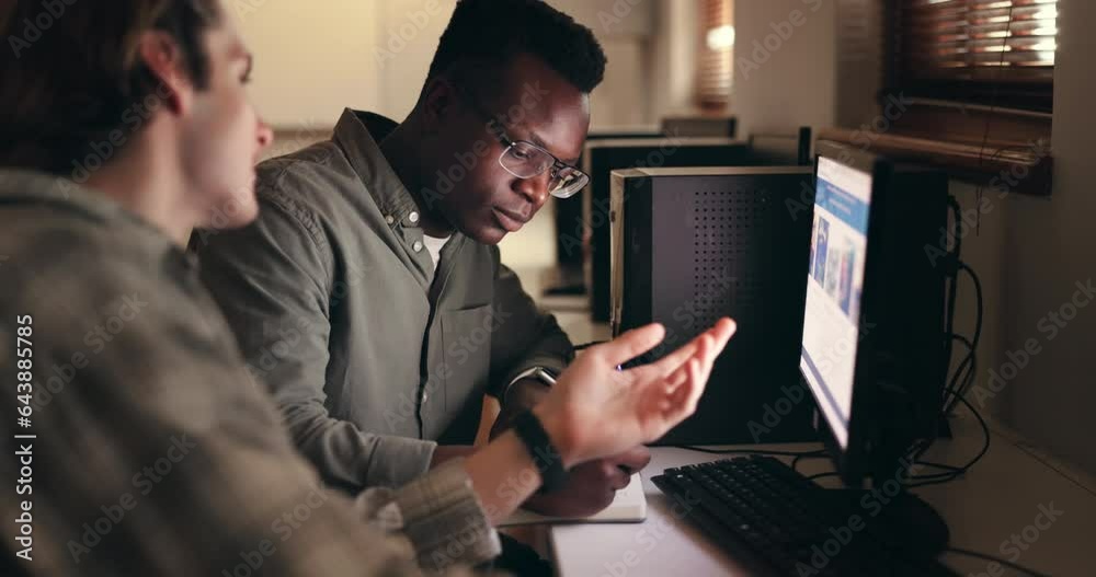 Poster young men, teamwork and computer or writing notes in website branding, marketing or collaboration on