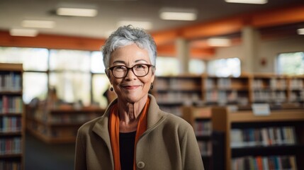 Portrait of a woman at a community library organizing shelves with care - Powered by Adobe