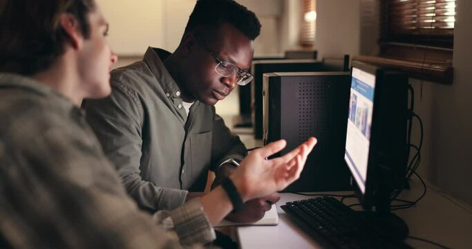 Young men, teamwork and computer or writing notes in website branding, marketing or collaboration on screen. Business mentor and student for creative internship, copywriting ideas or online feedback