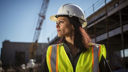 Portrait of a woman at a construction site overseeing complex projects ensuring structural integrity