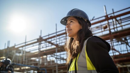 Portrait of a woman at a construction site supervising the realization of her architectural creations - obrazy, fototapety, plakaty