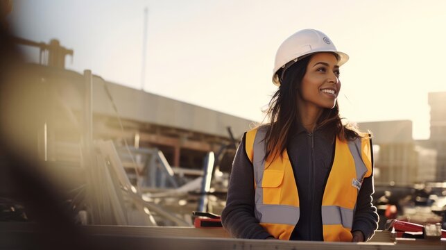 Portrait of a woman at a construction site supervising the realization of her architectural creations