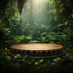 Wood table top podium floor in green tropical forest nature background.