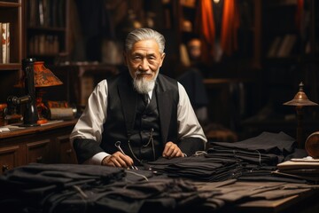 Portrait of a tailor, elderly gray haired bearded man is in a workshop