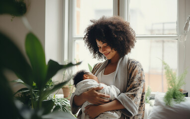 Black african american dark-skinned happy loving mother takes care of her newborn at home - Powered by Adobe