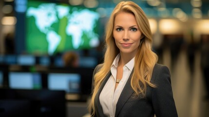 Obraz premium Portrait of a woman at a cybersecurity conference sharing insights on emerging threats