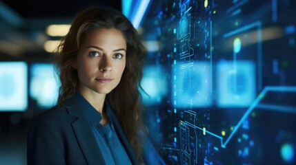 Portrait of a woman at a dynamic tech company diving into complex datasets