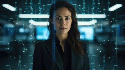 Portrait of a woman at a dynamic tech company diving into complex datasets