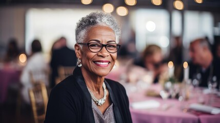Portrait of a woman at a fundraising gala championing social initiatives