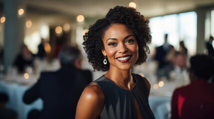 Portrait of a woman at a fundraising gala championing social initiatives - obrazy, fototapety, plakaty