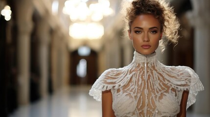 Portrait of a woman at a glamorous fashion show showcasing her latest collection