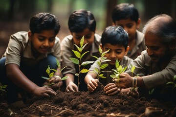 Save environment. Volunteer team Boys and girls help plant trees in the forest, learning about the environment and forest ecology Eco-Friendly energy concept. Generated AI