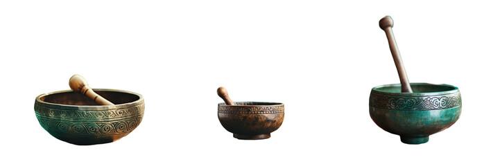 transparent background with blurred Tibetan singing bowl and mallet in closeup