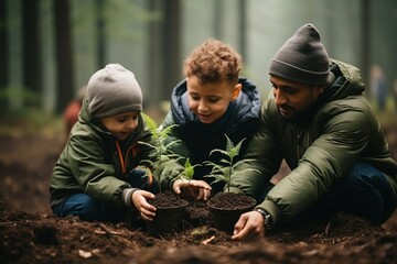 Save environment. Volunteer team Boys and girls help plant trees in the forest, learning about the environment and forest ecology Eco-Friendly energy concept. Generated AI