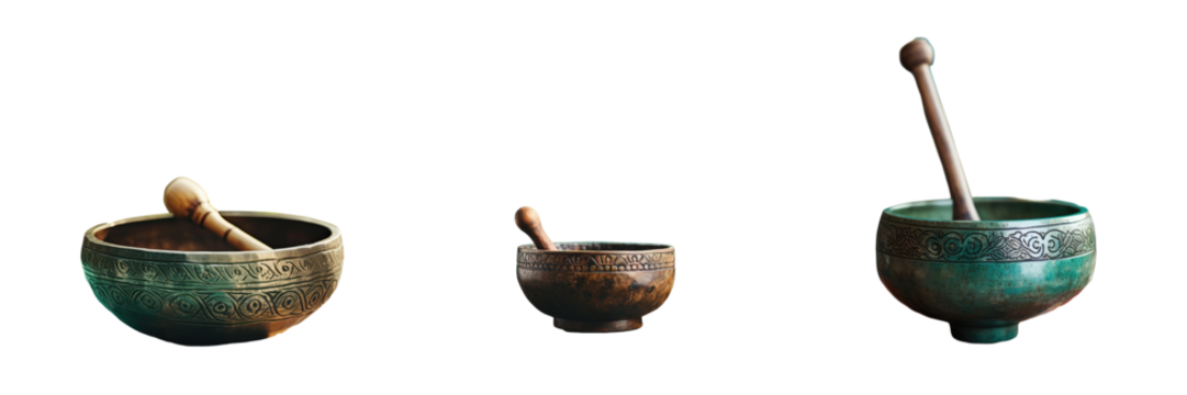 transparent background with blurred Tibetan singing bowl and mallet in closeup - Powered by Adobe
