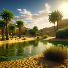 An oasis in the desert with palm trees.