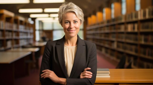 Portrait of a woman at a prestigious university teaching history with passion