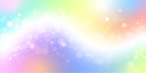 Fototapeta na wymiar Rainbow wavy unicorn background. Pastel color sky with glitter and bokeh. Kawaii gradient pattern. Soft fairy universe. Vector
