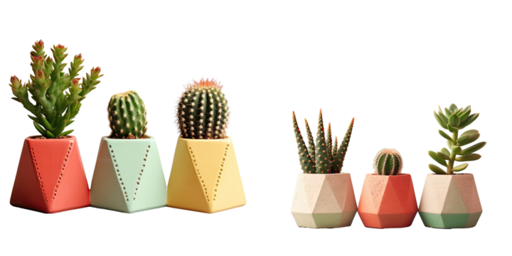 Colorful succulents in modern concrete planters on a black shelf against a black wall transparent background
