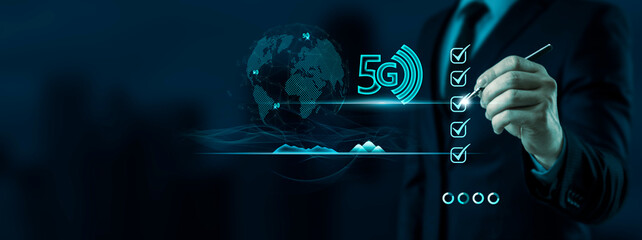 Fototapeta na wymiar 5G network digital and internet telecommunication fast internet and technology concept on virtual screen