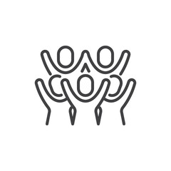 People with raised hands line icon