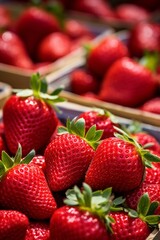 Fresh strawberries in a wooden box for the market farm with blurred workers in the background.