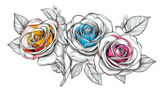 Drei freigestellte Rosen. Strichzeichnung in schwarz / wei&szlig; und bunt.