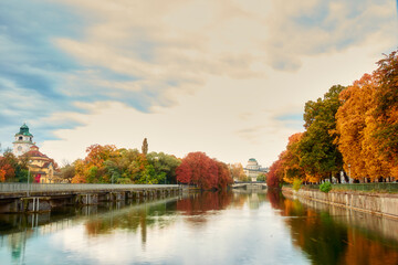 autumn river landscape in the park, reflection, Munich, Bavaria, Germany