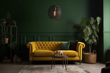 Yellow sofa in dark green living room. Generative AI