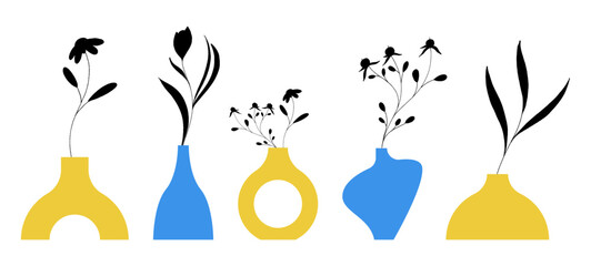 Colorful Vase Ceramic Pot with Flower and Plant on Stem Silhouette Vector Set