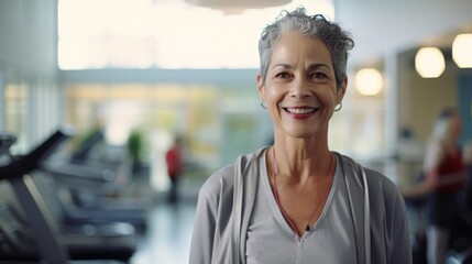Portrait of a woman in a bustling rehabilitation center helping patients regain independence and improve their quality of life through customized therapy programs