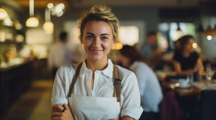 Fototapeta premium Portrait of a woman in a charming cafe managing multiple tables and providing excellent customer care