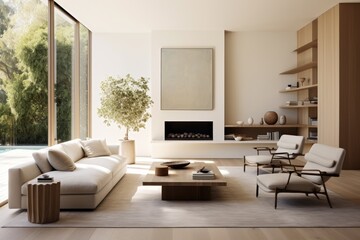 Generative ai of minimalist living room bathed in natural light with neutral colors.