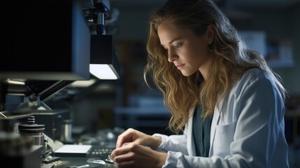 Portrait of a woman in a geology lab analyzing rock samples