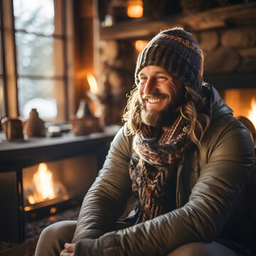 Man with winter hat and scarf sit infront a fireplace in cabin ai generated art. 